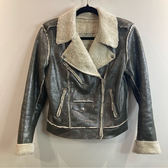 DENIM & SUPPLY Sz M Metallic Sherpa Lined Moto Style  Zipper Snap Closure Jacket - Picture 2 of 13